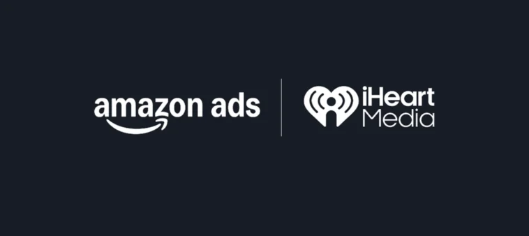 Amazon Ads logo next to iHeart Media logo on a dark background with a vertical divider