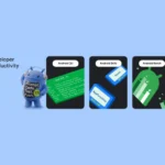android-developer-productivity – mobile marketing reads Blue Android mascot with headphones stands beside three rounded cards labeled Android CLI, Android Skills, and Android Bench on a light blue background.