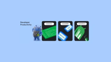 Blue Android mascot with headphones stands beside three rounded cards labeled Android CLI, Android Skills, and Android Bench on a light blue background.