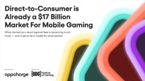 Direct-to-Consumer is Already a $17 Billion Market For Mobile Gaming headline with colorful abstract arcs on the right and sponsor logos at the bottom.