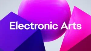 Electronic Arts logo on a vibrant pink and purple abstract background.