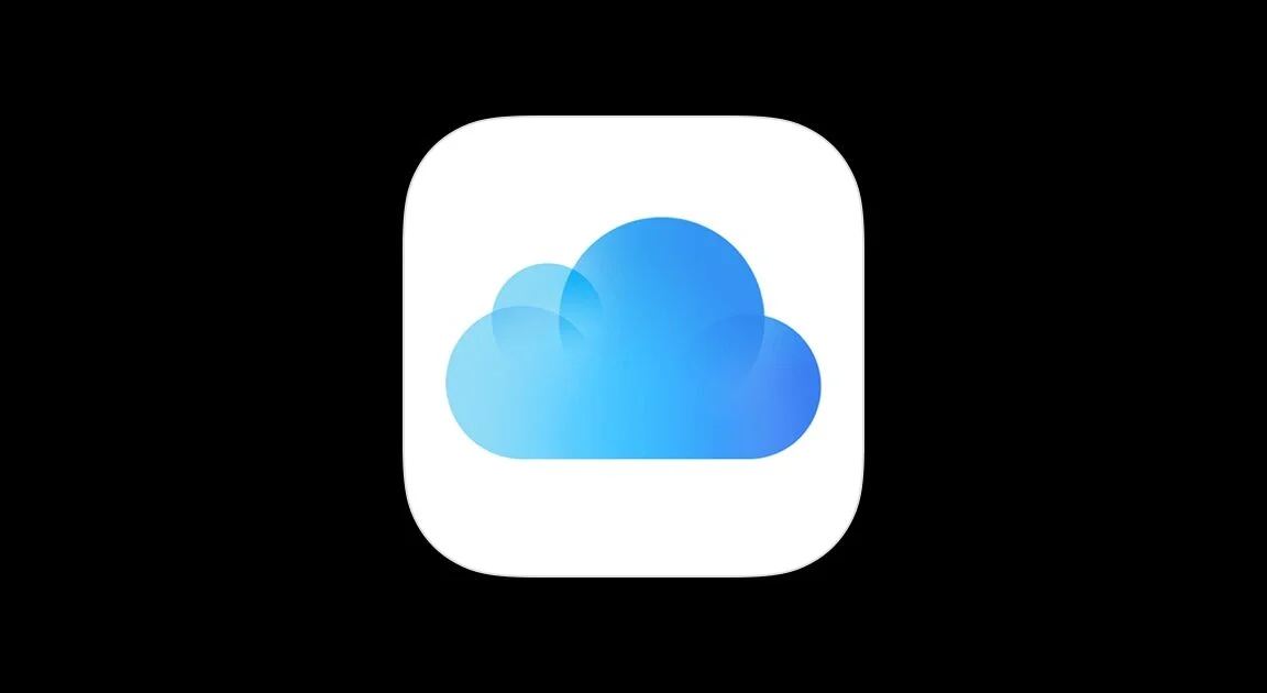 Apple iCloud app icon: overlapping blue clouds on a rounded white square background on a black backdrop.