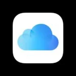 icloud-og – mobile marketing reads Apple iCloud app icon: overlapping blue clouds on a rounded white square background on a black backdrop.
