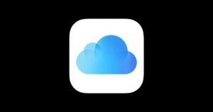 Apple iCloud app icon: overlapping blue clouds on a rounded white square background on a black backdrop.