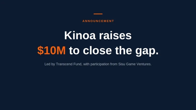 Announcement banner: Kinoa raises $10M to close the gap, led by Transcend Fund with Sisu Game Ventures.