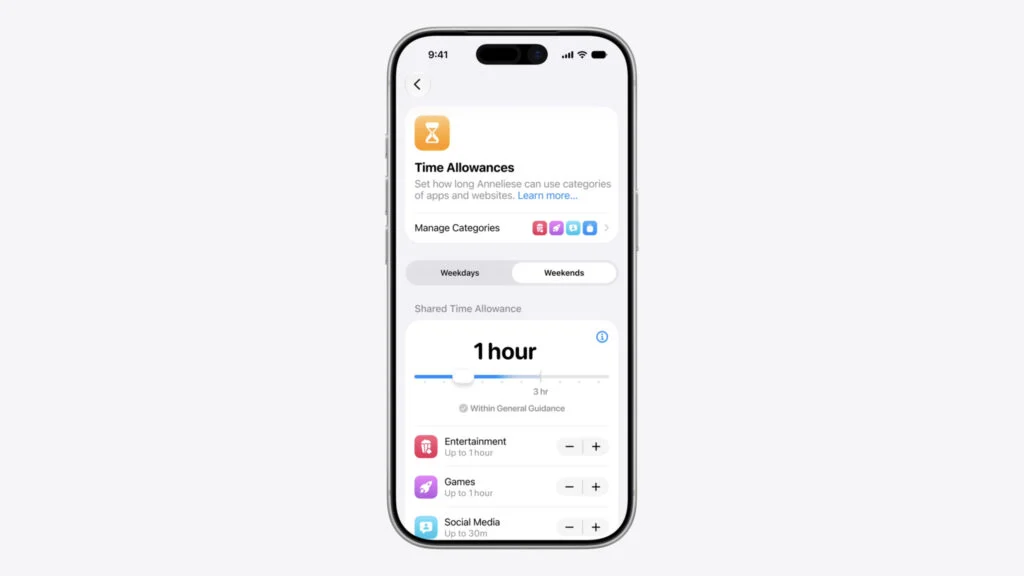 iPhone screen showing a Time Allowances settings card with category icons and a Weekdays/Weekends toggle. A slider labeled 1 hour appears below, indicating app usage limits by category.