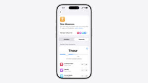 iPhone screen showing a Time Allowances settings card with category icons and a Weekdays/Weekends toggle. A slider labeled 1 hour appears below, indicating app usage limits by category.