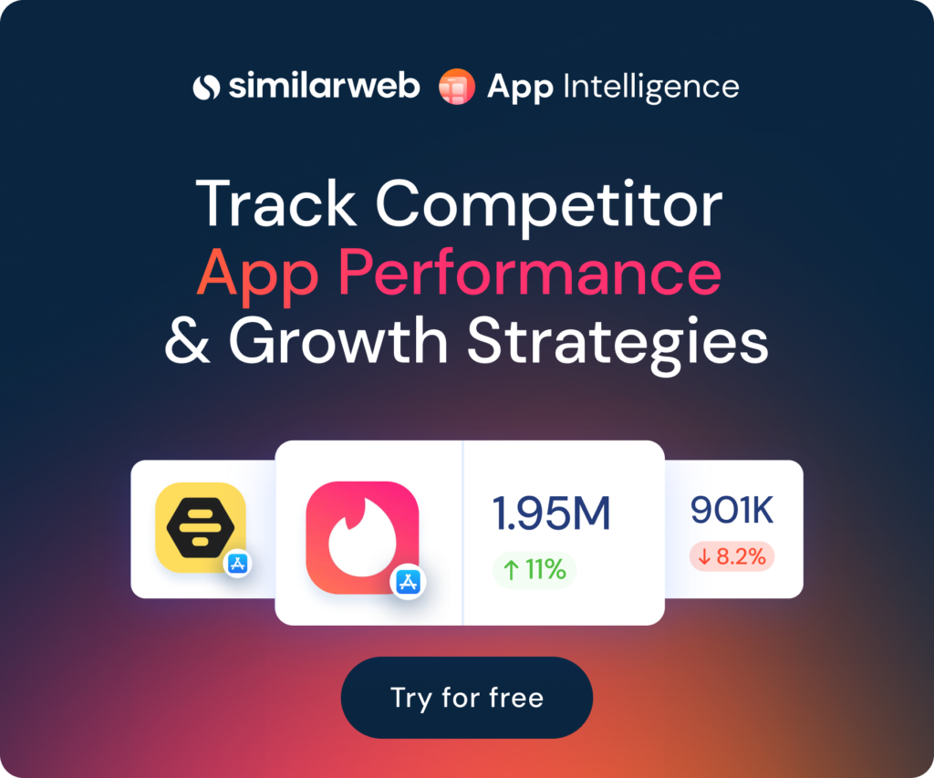 Hero banner with dark gradient background, shows Similarweb App Intelligence logo and the heading 'Track Competitor App Performance & Growth Strategies' with app cards below.
