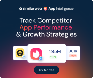 Hero banner with dark gradient background, shows Similarweb App Intelligence logo and the heading 'Track Competitor App Performance & Growth Strategies' with app cards below.