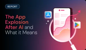 Hero image for a report about AI-driven app growth, featuring a smartphone with rising graph lines and app store icons.
