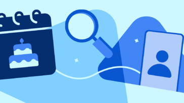 Calendar with a birthday cake, a magnifying glass, and a profile card on a blue abstract background (illustration of finding/scheduling a birthday event).
