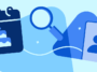 Calendar with a birthday cake, a magnifying glass, and a profile card on a blue abstract background (illustration of finding/scheduling a birthday event).
