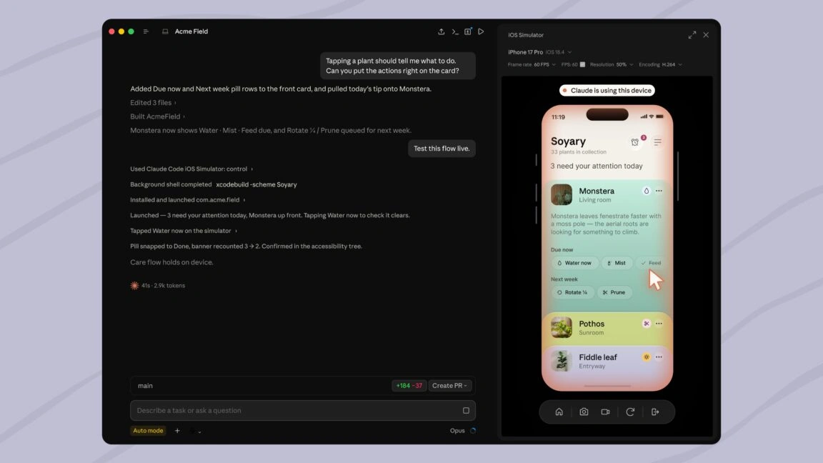Dark-mode workspace: project notes on the left and an iOS device simulator on the right.