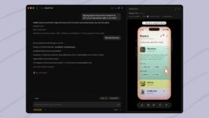 Dark-mode workspace: project notes on the left and an iOS device simulator on the right.