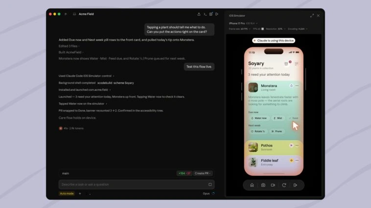 Dark-mode workspace: project notes on the left and an iOS device simulator on the right.