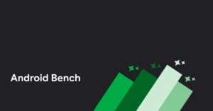 Android Bench branding: white text on a dark background with overlapping green diagonal bars and star accents in the lower right.