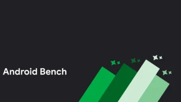 Android Bench branding: white text on a dark background with overlapping green diagonal bars and star accents in the lower right.