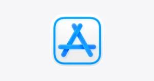 Blue App Store logo: a rounded square with a glowing blue outline and a stylized A formed by two diagonal bars and a horizontal bar