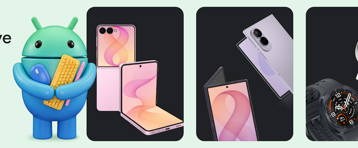 Android mascot holding gadgets (phones and corn accessory) next to three dark panels displaying foldable phones and smartwatches on a pale green background with 'Build Adaptive' text on the left.