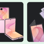 google-build-adaptive – mobile marketing reads Android mascot holding gadgets (phones and corn accessory) next to three dark panels displaying foldable phones and smartwatches on a pale green background with 'Build Adaptive' text on the left.