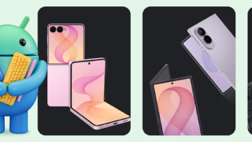 Android mascot holding gadgets (phones and corn accessory) next to three dark panels displaying foldable phones and smartwatches on a pale green background with 'Build Adaptive' text on the left.