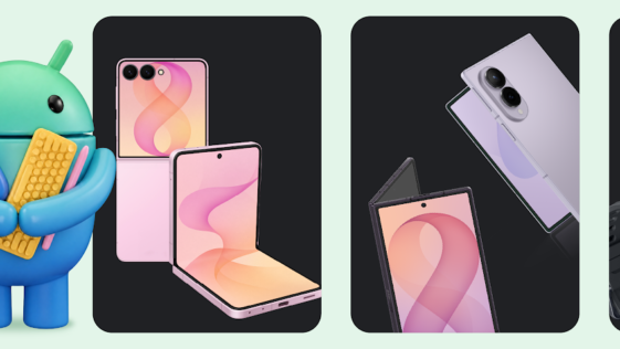 Android mascot holding gadgets (phones and corn accessory) next to three dark panels displaying foldable phones and smartwatches on a pale green background with 'Build Adaptive' text on the left.