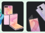 google-build-adaptive – mobile marketing reads Android mascot holding gadgets (phones and corn accessory) next to three dark panels displaying foldable phones and smartwatches on a pale green background with 'Build Adaptive' text on the left.