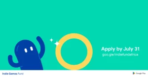 Turquoise banner with a blue cartoon character waving beside a large yellow ring, advertising the Indie Games Fund.
