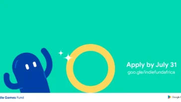 Turquoise banner with a blue cartoon character waving beside a large yellow ring, advertising the Indie Games Fund.