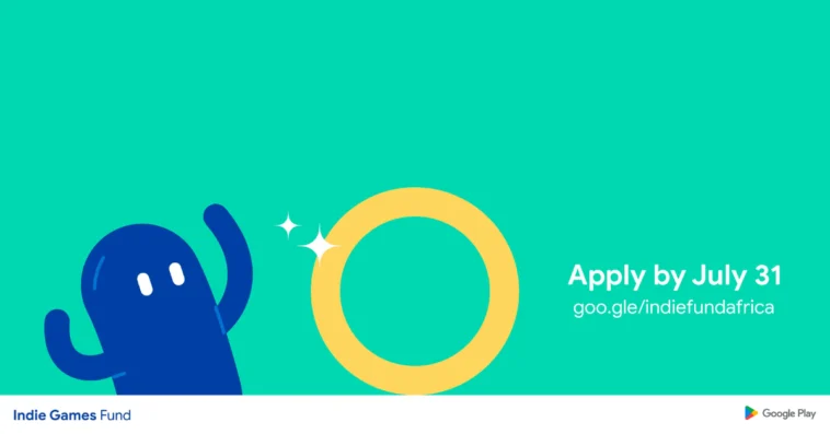 Turquoise banner with a blue cartoon character waving beside a large yellow ring, advertising the Indie Games Fund.