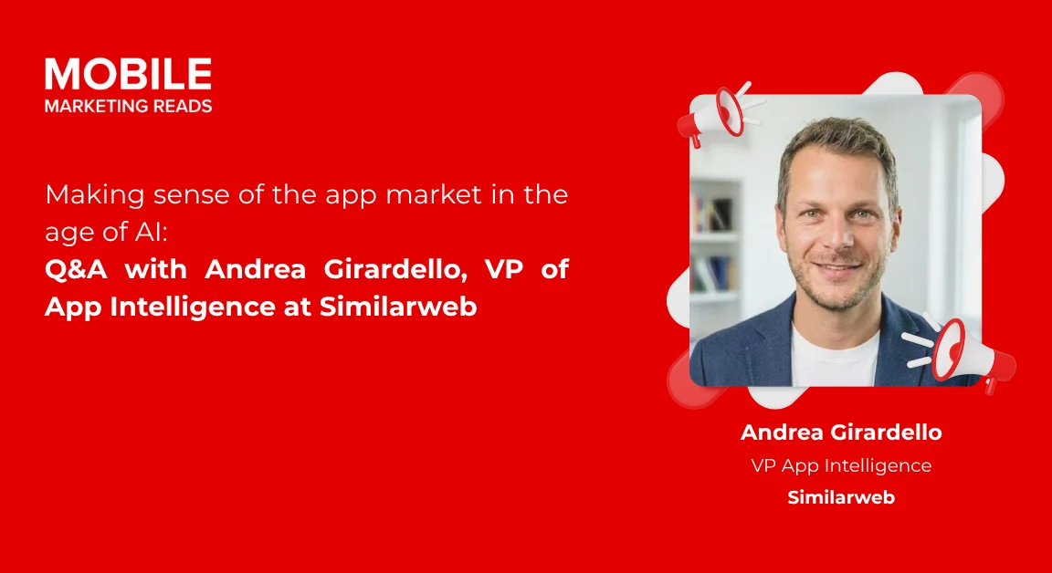 Hero banner for an interview: Andrea Girardello, VP of App Intelligence at Similarweb, pictured with event branding on red background.