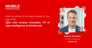Hero banner for an interview: Andrea Girardello, VP of App Intelligence at Similarweb, pictured with event branding on red background.