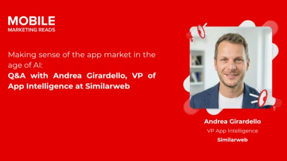 Hero banner for an interview: Andrea Girardello, VP of App Intelligence at Similarweb, pictured with event branding on red background.