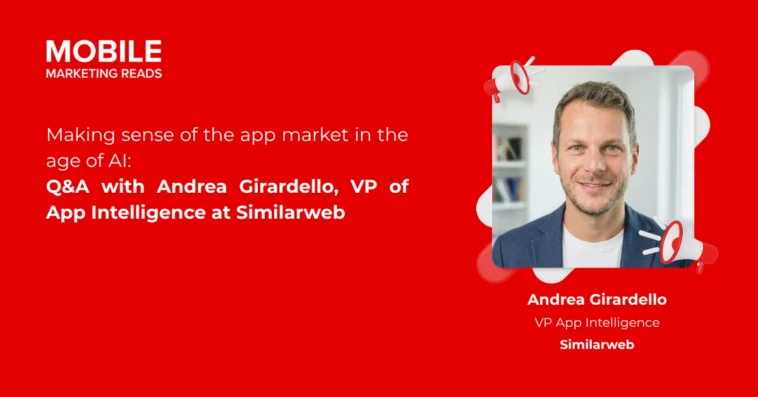 mmr-qa-article – mobile marketing reads Hero banner for an interview: Andrea Girardello, VP of App Intelligence at Similarweb, pictured with event branding on red background.