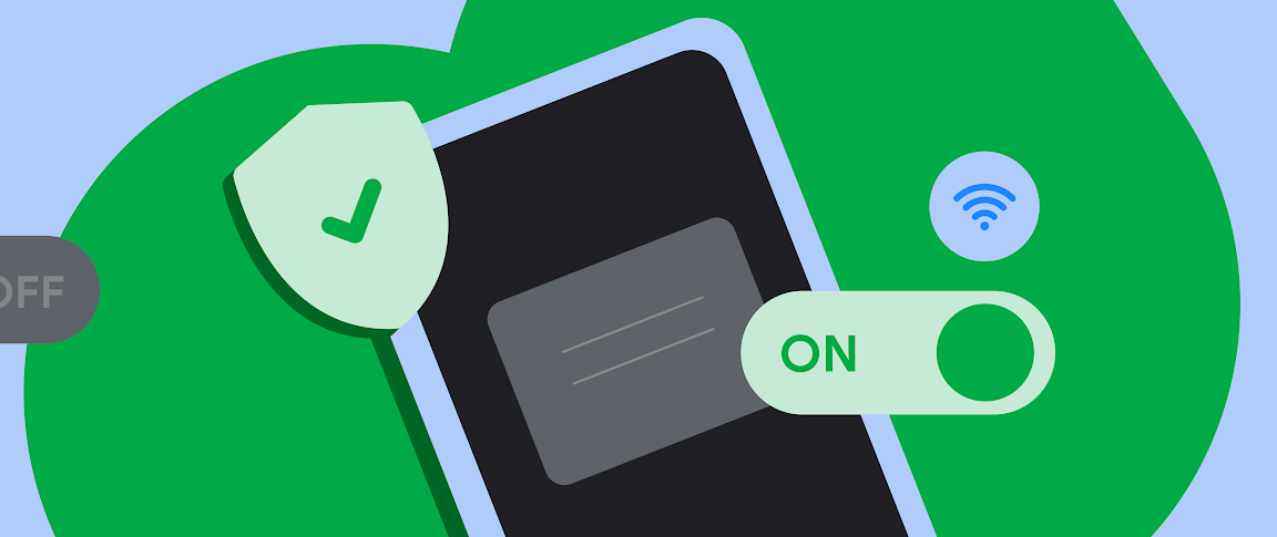 Illustration of a smartphone with a protective shield, a large ON toggle, and wireless/Bluetooth icons symbolizing connectivity and security.