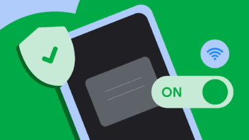 Illustration of a smartphone with a protective shield, a large ON toggle, and wireless/Bluetooth icons symbolizing connectivity and security.