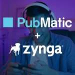 pubmatic-zynga – mobile marketing reads Gamer wearing a headset and looking at a smartphone with PubMatic and Zynga logos overlayed, in a purple-lit room as branding for a partnership.