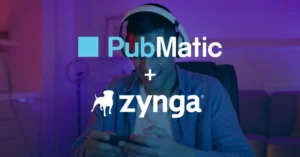 Gamer wearing a headset and looking at a smartphone with PubMatic and Zynga logos overlayed, in a purple-lit room as branding for a partnership.