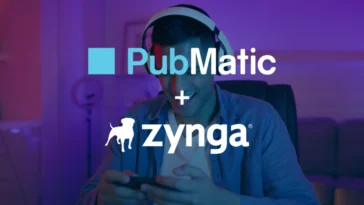 Gamer wearing a headset and looking at a smartphone with PubMatic and Zynga logos overlayed, in a purple-lit room as branding for a partnership.