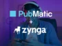 Gamer wearing a headset and looking at a smartphone with PubMatic and Zynga logos overlayed, in a purple-lit room as branding for a partnership.