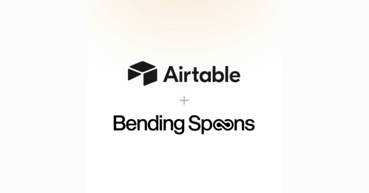 airtable-bending-spoons – mobile marketing reads Airtable and Bending Spoons logos with a plus sign, indicating a partnership or collaboration.