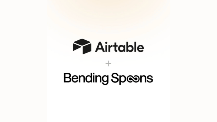airtable-bending-spoons – mobile marketing reads Airtable and Bending Spoons logos with a plus sign, indicating a partnership or collaboration.