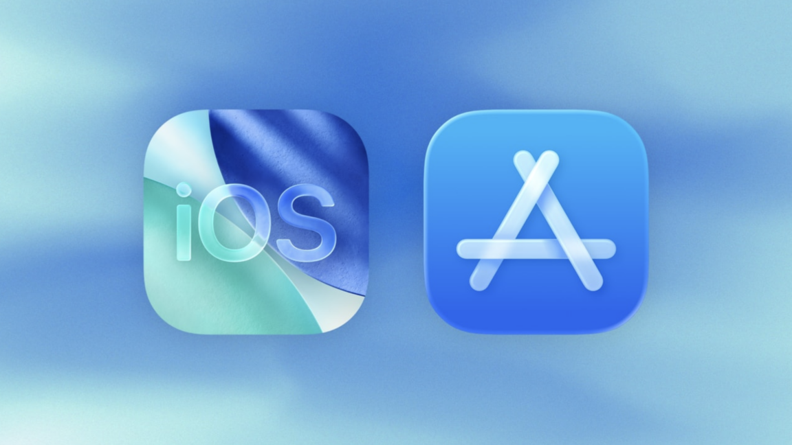 Banner showing the iOS app icon on the left and the Apple App Store icon on the right against a blue gradient background.
