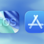 app-store – mobile marketing reads Banner showing the iOS app icon on the left and the Apple App Store icon on the right against a blue gradient background.