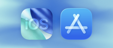 Banner showing the iOS app icon on the left and the Apple App Store icon on the right against a blue gradient background.