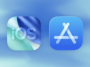 Banner showing the iOS app icon on the left and the Apple App Store icon on the right against a blue gradient background.