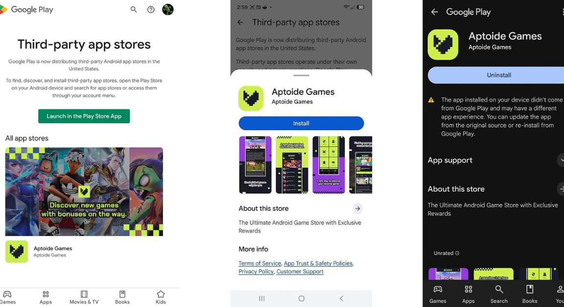 Screenshots showing Google Play Store page for Aptiode Games on different devices/contexts (intro, install prompt, store profile) for third-party app stores feature.