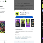 aptoide-google-play – mobile marketing reads Screenshots showing Google Play Store page for Aptiode Games on different devices/contexts (intro, install prompt, store profile) for third-party app stores feature.