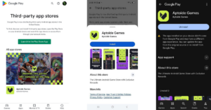 Screenshots showing Google Play Store page for Aptiode Games on different devices/contexts (intro, install prompt, store profile) for third-party app stores feature.