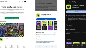Screenshots showing Google Play Store page for Aptiode Games on different devices/contexts (intro, install prompt, store profile) for third-party app stores feature.